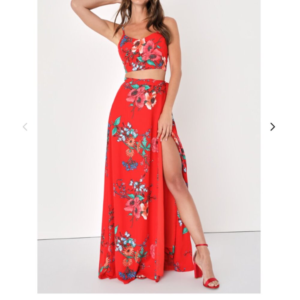 Bloom With a View Red Floral Print Two-Piece Maxi Dress